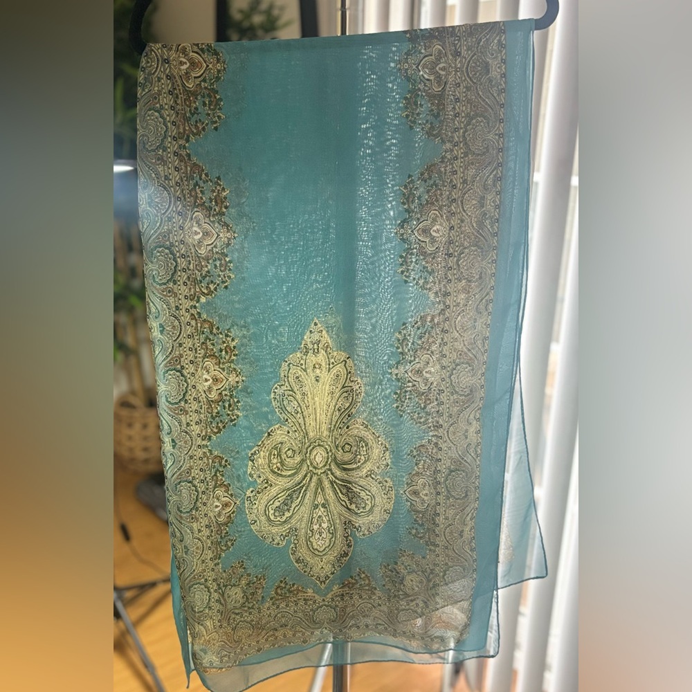 Turquoise Sheer Paisley Scarf with Gold Accents